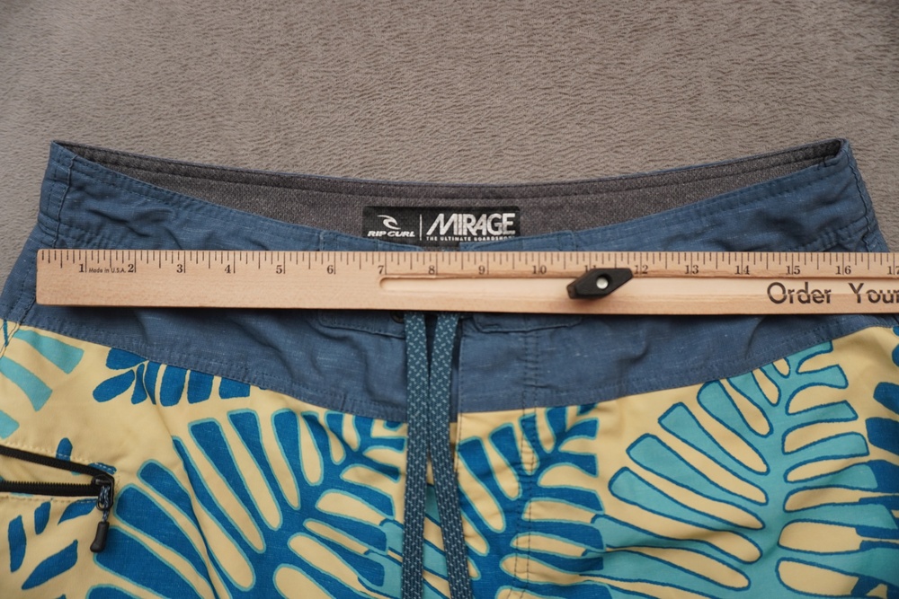 Rip Curl Mirage Board Shorts Mens 33 Blue Yellow Tropical Leaf Swim Trunks Zip - Picture 8 of 13